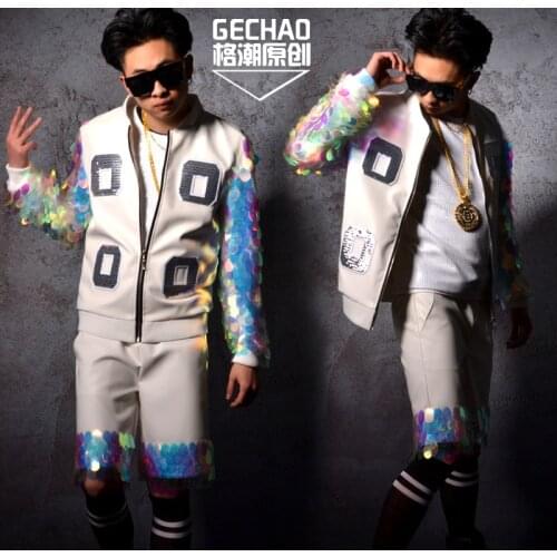 Nightclubs Male Fashion White PU stitching DJ DS stage Sequins baseball Jacket Bar singer dancer stage show performance wear