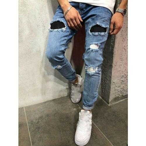Mens Stylish Jeans Denim Pants Skinny Biker Destroyed Ripped Stylish Casual Slim Fit Jeans Bottom Frayed Trousers