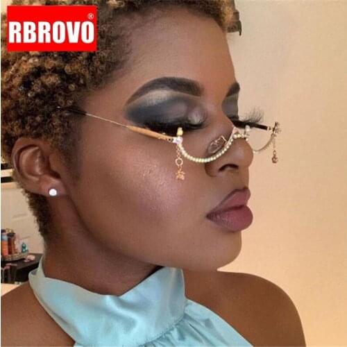 RBROVO 2021 Diamond Glasses Frame Women New Luxury Vintage Gold Silver Colorful Chain Rhinestone Water Drop Half Frame Glasses