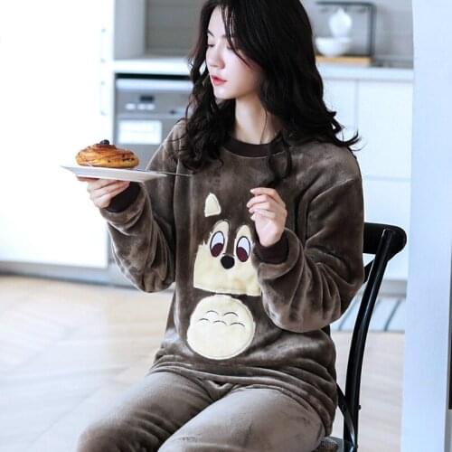 H5997 Cartoon Student Pajamas Women Coral Fleece Round Neck Sleepwear Set Female Cute Flannel Long Sleeve Winter Home Clothing