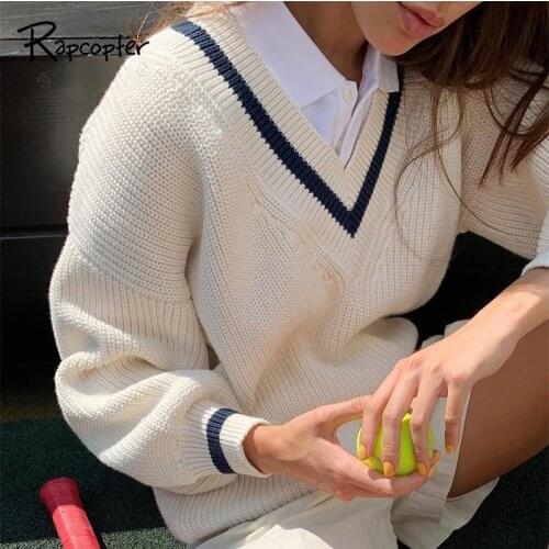 Rapcopter Oversize Sweaters Long Sleeve Pullovers Stripe Y2K Top Preppy Style Sweaters Outfits Fall Winter Tops White Knitwear