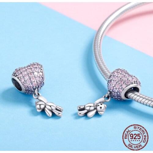 Pink CZ heart shape Little bear pendant fit original bangle charm bracelet 925 sterling silver beads jewelry DIY woman