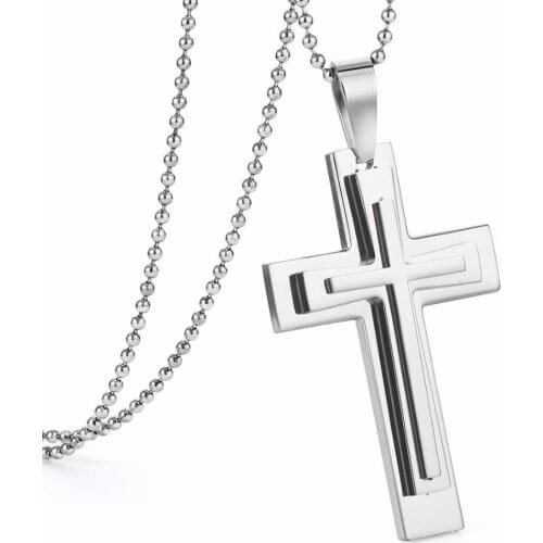 Silver Color Stainless Steel Pendant Necklace 3 Layers Cross Chain Necklaces Jewelry for Men Fashion Gift Large Size NZ013