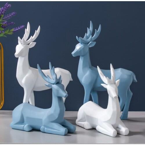 Nordic Resin Geometric White Blue Deer Statues Home Corridor Garden Decor Figurines Decorative Sculpture Modern Art Ornaments