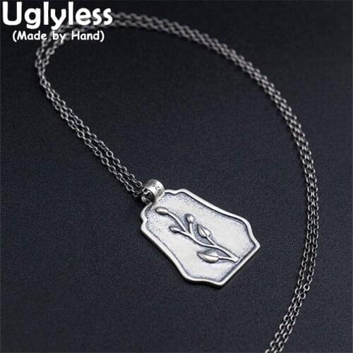 Uglyless Carved Thai Silver Orchid Necklaces for Women Vintage Ethnic 925 Silver Jewelry Irregular Square Medals Pendants +Chain