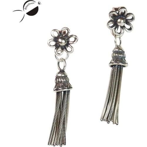 Vintage Thai Silver Earrings For Women Flower Tassel Drop Earrings Fine Jewelry Female Vintage Dangle Earring Party Ball Deacor