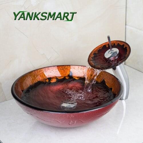 YANKSMART Bathroom Tempered Glass Round Washbasin Sink Faucet Kit Deck Mounted Set Cold & Hot Mixer Water Tap With Pop-up Drain