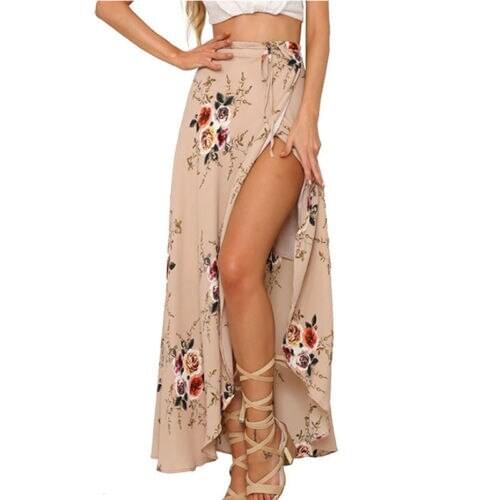 Women Stretch High Waist Floral Long Skirt Maxi Pleated Beach Casual Boho Skirt