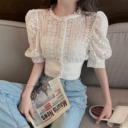 Puff Sleeve Lace Hollow Out White Shirt Women Summer 2021 Tops Korean Sexy Blouses Woman New Fashion Solid Button Shirts 13607