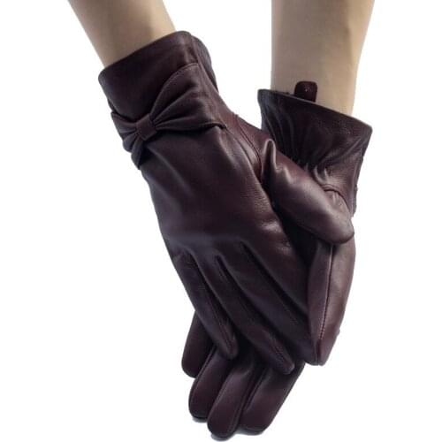 New Bow Lady Elegant Leather Gloves Warm Fleece Driving Gloves Womens Genuine Leather Mittens Sheepskin Winter Gloves Eldiven
