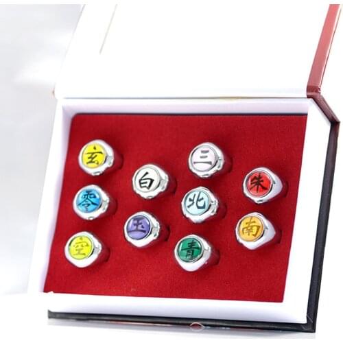 Boxed 10pcs Cartoon Shippuuden Jewerly Cosplay Costume Rings Ninjas Fashion Table Akatsuki Membermetal Ring Accessory Set