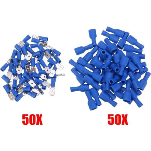 100pcs 1.5-2.5mm Blue Female + Male Spade Insulated Electrical Crimp Terminal Connectors Wiring Cable Plug Flat Head