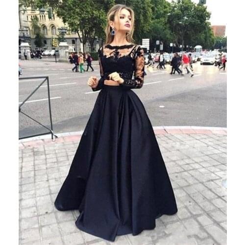 ANGELSBRIDEP 2 Pieces Black Evening Party Gowns long Sleeves Abendkleider Lace Applque Floor-Length Formal Cinderella Prom Dress