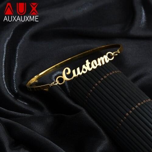 Auxauxme Customizable Name Simple Welding Hook Half Opening Bangle for Women Stainless Steel Party Birthday Jewelry Gifts