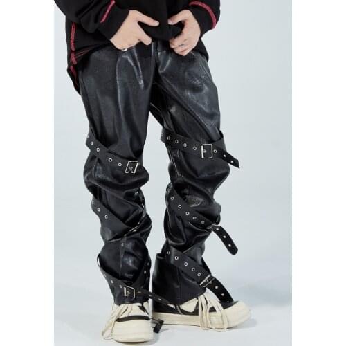EukaaRu Punk Style Strap Design PU Leather Pants Mens High Street Fashion Loose Straight Pants Casual Pants Hip Hop Trousers