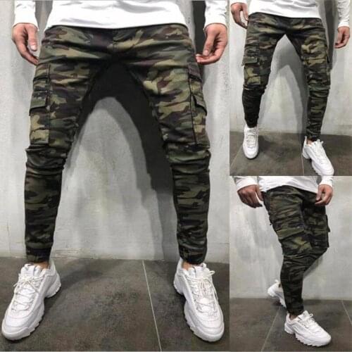 New Mens Multi-pocket Pencil Jeans Camouflage Overalls Jeans Skinny Stretch Casual Trousers Denim Pants Hip Hop Streetwear Male