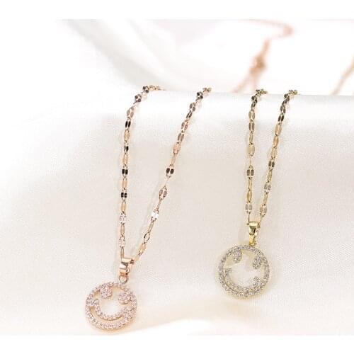 Personality Elegant Hollow Zircon Crystal Inlaid Smile Face Pendant Women Necklaces No Fade Stainless Steel Female Jewelry Gift