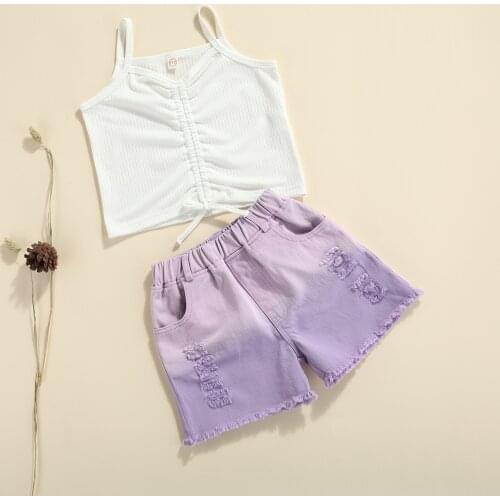 Summer 2Pcs Casual Outwear Toddler Baby Girls Clothes Solid Tank Top Vest with Drawstring+ Gradient Color Denim Shorts Kids