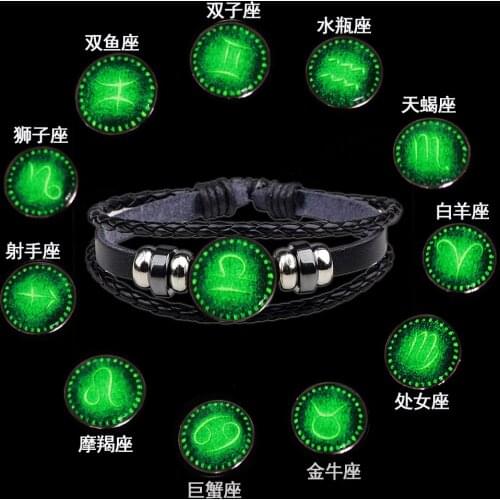 Trendy Glass 12 Constellation Glow in the Dark Multilayer Women Leather Bracelet Handwoven Bracelets Bangles Man Jewelry