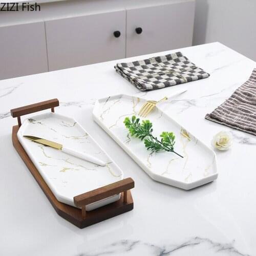 Marbled Ceramic Plate with Wooden Tray Creative Sushi Plate Western Dishes Tray Home Kitchen Decoration Tableware Service Tray