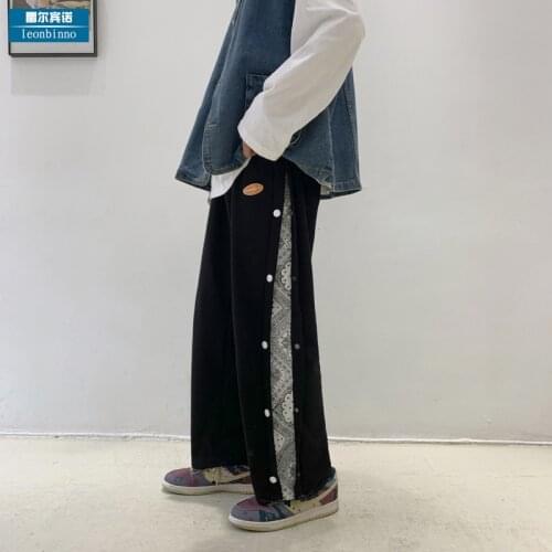 Cashew flower breasted pants mens Korean fashion straight casual pants loose high street wide leg sports pants mens tracksuit