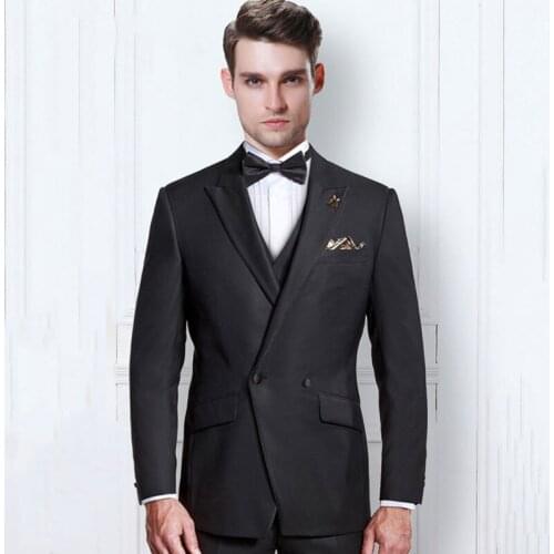 Latest Designs Double Breasted Custom Made Black Men Suits Peaked Lapel Slim Fit 3Piece Blazer Groom Tuxedo Man Jacket Pant Vest