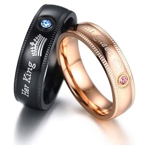 New Couple Rings For Women Men Black Rose Gold Metal Jewelry 'Her king His Queen' Blue Pink Crystal Charms Rings Anillos Mujer