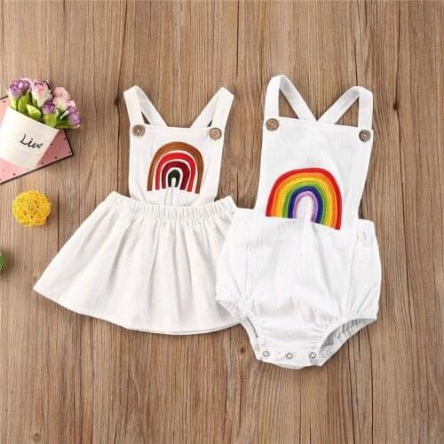 0-24M Newborn Girl Romper Dress Summer New Newborn Baby Sleeveless Rainbow Striped Embroidery Backless Jumpsuit Baby Girls Dress