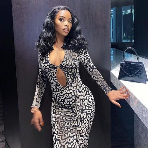 Wsevypo Sexy Autumn Leopard Maxi Sheath Dress Women Stand Collar Cutout Long Sleeve Bodycon Dress Party Office Lady Clothes