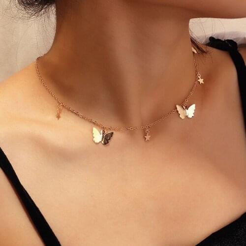 Romantic Cute Star Butterfly Pendant Choker Necklace for Women Ladies Fashion Geometric Clavicle Necklace Jewelry Gift YN1533