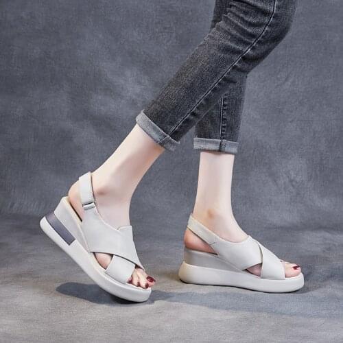 White Black Leather Wedges Sandals For Women High Heels Platform Sandals Summer Casual Shoes 2021