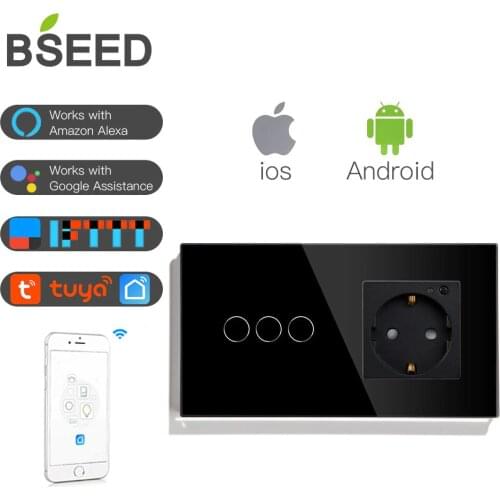 BSEED Wifi Touch Switch 3 Gang With Wifi EU Standard Socket 3 Colors White Black Golden Crystal Glass Panel Smart Tuya