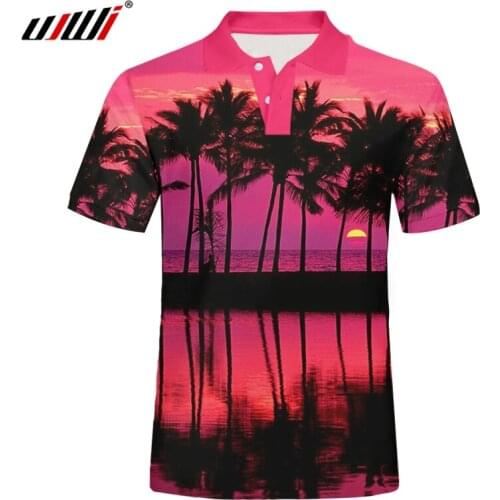 UJWI Brand Men 3D Print Beach Sunset Polo Shirt Elasticity Sports Breathable High Quality Summer Short Sleeve Casual Men