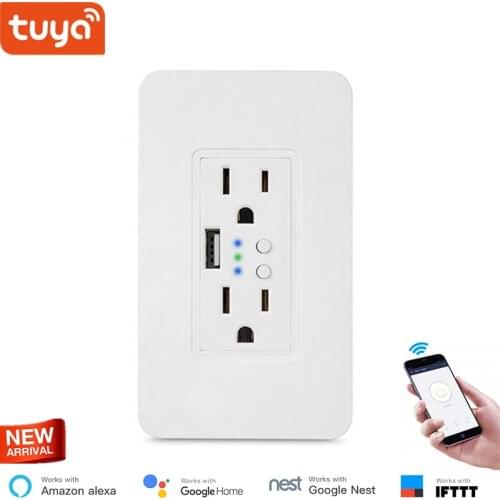 Tuya Smart WIFI Wall Outlet Socket with 2 Independent control AC sockets and 5V 2A USB Output US standard IFTTT support