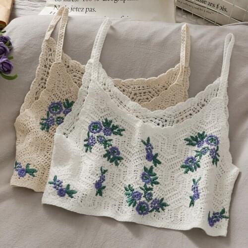 2021 Summer Retro Short Embroidered Wild Camisole Womens New Knitted Hollow Navel Camisole Wearing Small Camisole