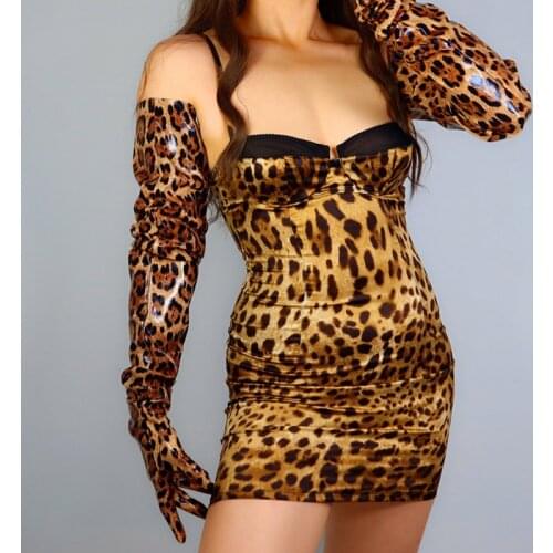Latex Long Womens Leopard Print Gloves Faux Shine Patent Leather Glove Jaguar Leopard Loose Fit Women Imitation Leather Gloves