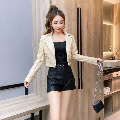 Women 2021 Spring Autumn Fashion Three Piece Set Female Leather Short Jacket and Sling Top + Shorts 3pcs Set Casual Outfits B243
