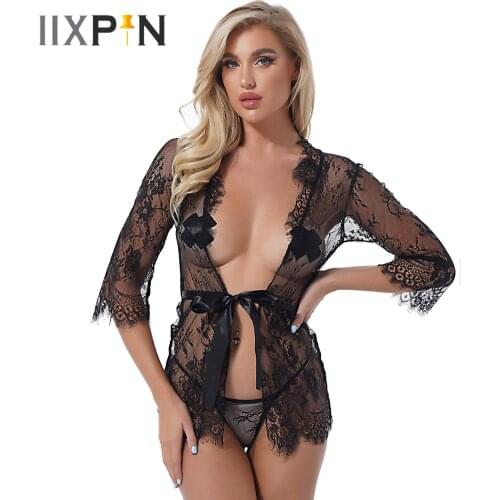 Women Erotic Lingerie Set See-through Lace Long Sleeves Babydoll Sash Self Tie Front Closure Gown and G-String Tanga Underwear