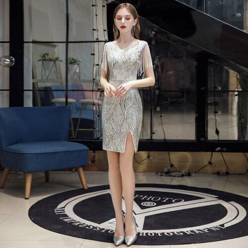 New Prom Dress Empire Tassel Short Sleeves V-Neck Sequins Above Knee Sexy Simple Mermaid Plus size Women Formal Party Gown C856