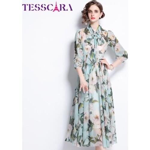 TESSCARA Women Elegant Floral Chiffon Dress Female High Quality Long Wedding Party Robe Femme Runway Designer A-Line Vestidos