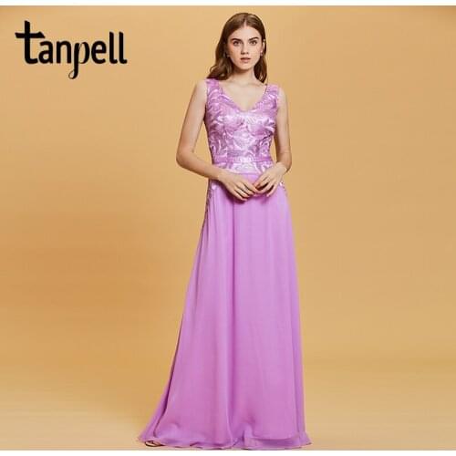 Tanpell beaded sequins evening dress purple v neck lace sleeveless floor length a line gown women formal long evening dresses