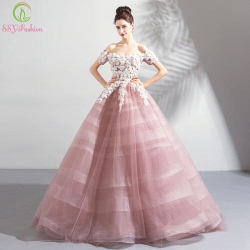 SSYFashion New Lace Flower Evening Dress Sweet Pink Boat Neck Appliques Floor-length Prom Party Formal Gown Robe De Soiree