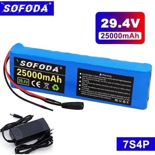 SOFODA 7S4P 24V 25Ah Ebike Battery Electric Scooter Li-ion Battery Pack 29.4V 18650 Rechargeable Batteries with BMS + Charger