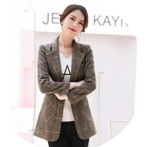 Large Size Small Suit Jacket Ladies Single Button Pocket Retro British Style Casual Autumn Winter Gray Plaid Jacket Women Jacket