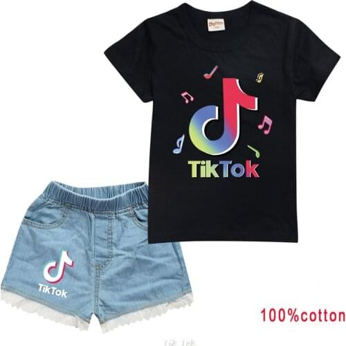 TIK TOK Girl new cotton short-sleeved T-shirt + shorts two-piece girls casual thin summer childrens wear