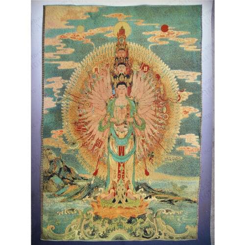 China Tibetan Silk Inwrought Thangka Tangka Mural Thousand Hand Guan Yin Kwan-yin Buddha Statue