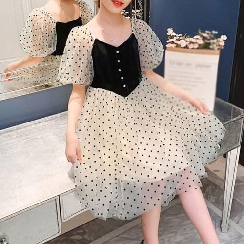 Girls Dresses Summer 2021 New ChildrenS Cotton Dot Mesh Fashionable Female Baby Bubble Short-Sleeved Princess Dress Kids Clothe
