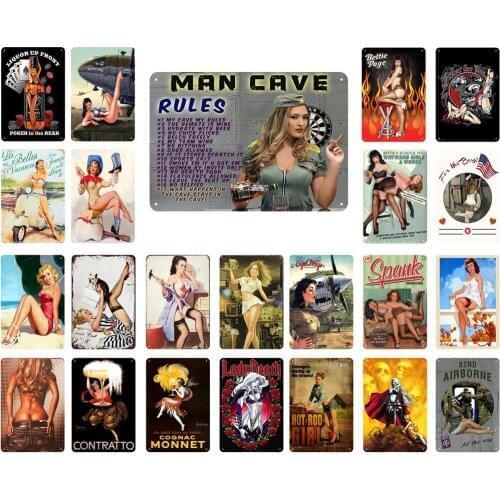 Man Cave Rules Vintage Metal Tin Sign Bettie Page Hot Rod Beauti Girl Women for Gamer Room Wall Decor Shabby Chic Bar Decoration