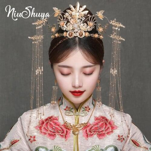 NiuShuya Chinese Traditional Bridal Gold Phoenix Long Tassels Tiaras Crown Headpiece Earrings Wedding Hair Accessories