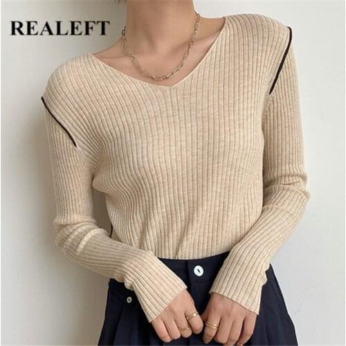 REALEFT 2021 New Autumn Winter Knitting Pullovers Women V Neck Slim Sweater Bottoming Long Sleeve Minimalism Female Sweaters Top